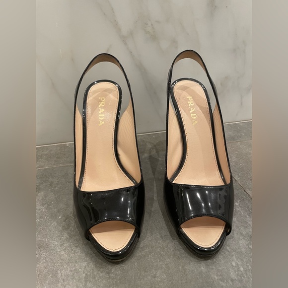 Prada Black Patent Leather Peep Toe Slingback Heels - Picture 2 of 4